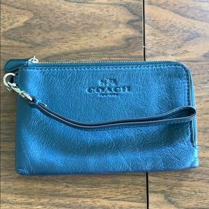 Blue metallic leather Coach wristlet